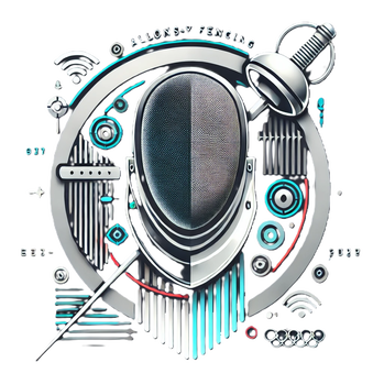 Logo: Fencing mask on top of Epee. Both in front of a shield designed of electronic components and symbols